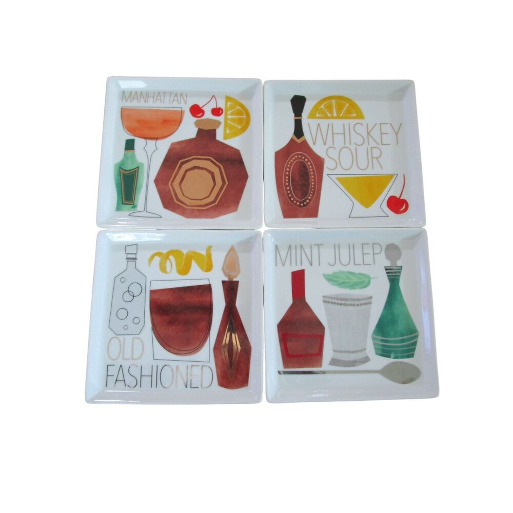 Crate Barrel Cocktail Recipe Plates Square Coupe 4 GUC Vintage 2014